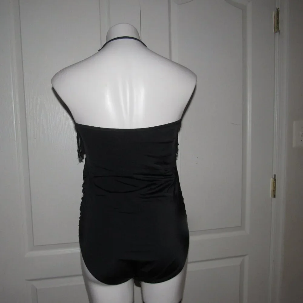 Kim Gravel x Swimsuits For All Black Fringe One Piece Ruched Halter Swimsuit 14